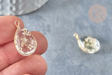 Pendentif Goutte verre transparent fleur séchée blanche laiton doré 22-24mm,x1 (G7929)
