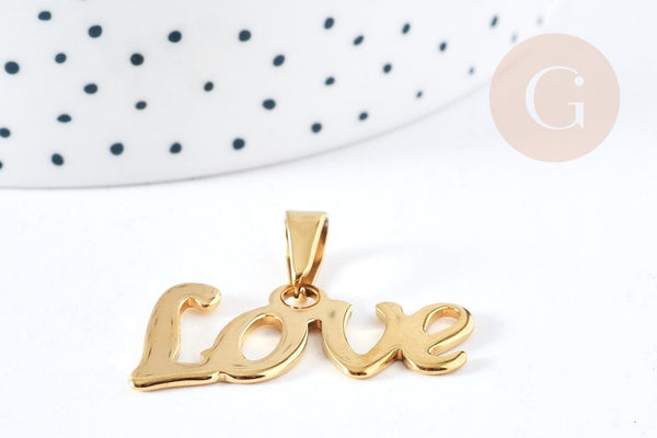 Pendentif Lettre Love acier inoxydable 304 doré 34.5mm, x1 (G8857)