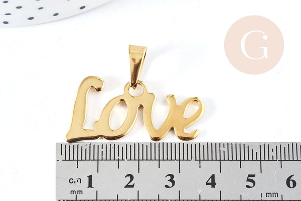 Pendentif Lettre Love acier inoxydable 304 doré 34.5mm, x1 (G8857)