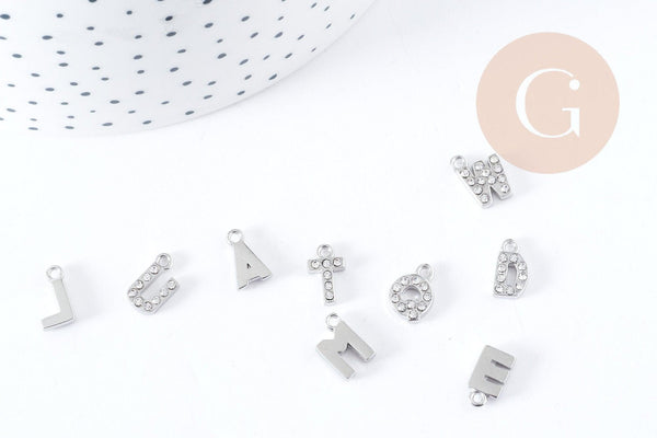 Pendentif Lettre acier 304 inoxydable argenté lettre cristal blanc 10mm, initiale prenom, x1 G8932