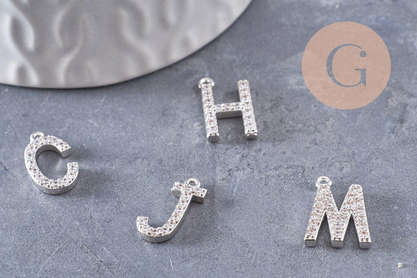 Pendentif Lettre acier 304 inoxydable argenté lettre cristal blanc, sans nickel,lettre initiale prenom,15.5mm, x1 (G4618)