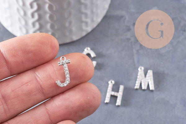 Pendentif Lettre acier 304 inoxydable argenté lettre cristal blanc, sans nickel,lettre initiale prenom,15.5mm, x1 (G4618)