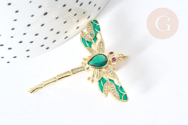 Pendentif Libellule insecte ailé laiton doré zircons 42mm, x1 (G8072)