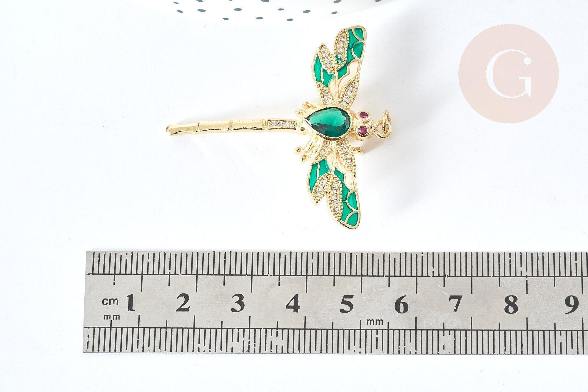 Pendentif Libellule insecte ailé laiton doré zircons 42mm, x1 (G8072)