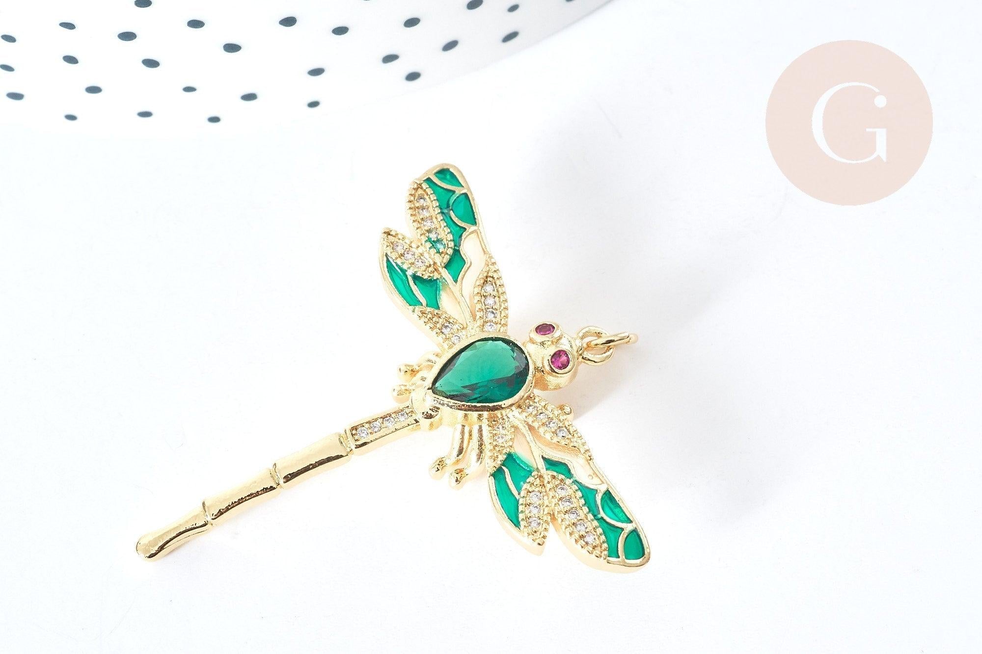 Pendentif Libellule insecte ailé laiton doré zircons 42mm, x1 (G8072)