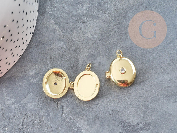 Pendentif Locket Médaillon ovale laiton doré 18K zircon 22x19.5mm, x1 (G9046)