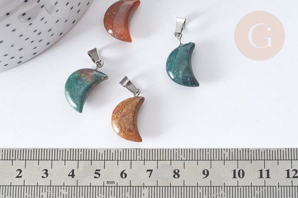 Pendentif Lune agate indienne naturelle laiton platine 21~24mm, création bijou lune agate naturelle, x1 (G7967)