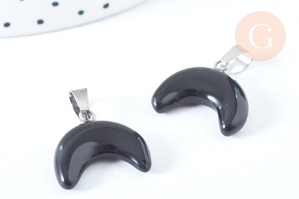 Pendentif Lune agate noire naturelle acier inoxydable 30mm, création bijou lune, pendentif pierre agate naturelle, x1 (G6998)