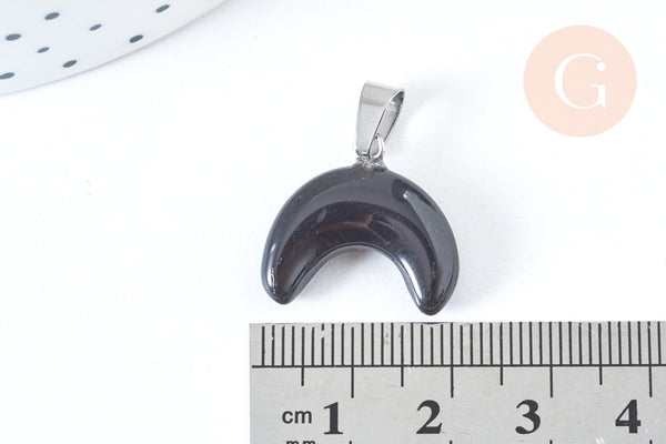 Pendentif Lune agate noire naturelle acier inoxydable 30mm, création bijou lune, pendentif pierre agate naturelle, x1 (G6998)