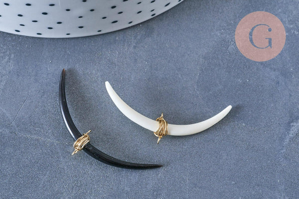 Pendentif Lune corne naturelle noir ou blanc doré 16K 39x3-4mm, création bijoux x1 G6441