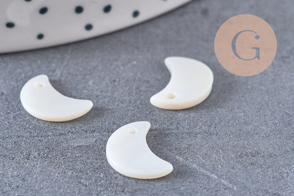 Pendentif Lune nacre blanche naturelle, pendentif lune,bijou nacre,coquillage blanc, création bijoux, 13mm, X10 (G0905)