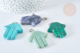 Pendentif Main de Fatma pierre mixte naturelle support laiton platine 41~45mm, pendentif main bijou pierre naturelle, x1 G7959