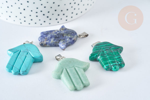 Pendentif Main de Fatma pierre mixte naturelle support laiton platine 41~45mm, pendentif main bijou pierre naturelle, x1 G7959