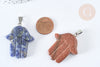Pendentif Main de Fatma pierre mixte naturelle support laiton platine 41~45mm, pendentif main bijou pierre naturelle, x1 G7959