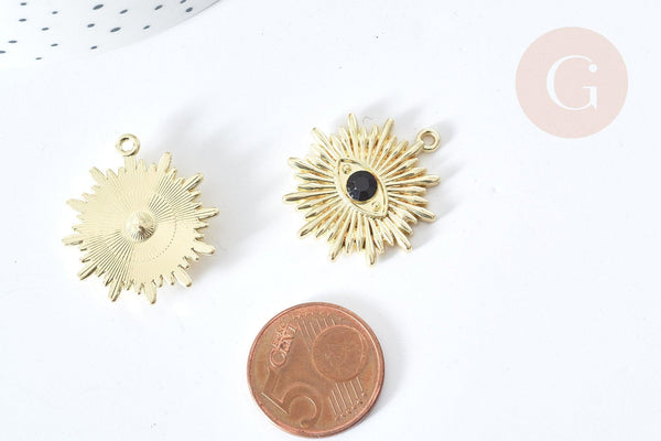 Pendentif Mauvais Oeil résine noire zamac doré 27,5mm, Pendentif zamac doré pour création bijou chance, x1 G8087