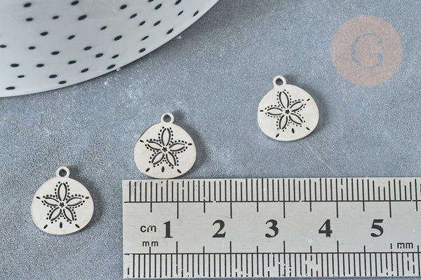 Pendentif Médaille fleur acier 304 inoxydable platine 13,5mm, x1 (G8012)