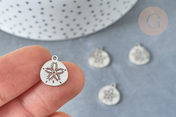 Pendentif Médaille fleur acier 304 inoxydable platine 13,5mm, x1 (G8012)