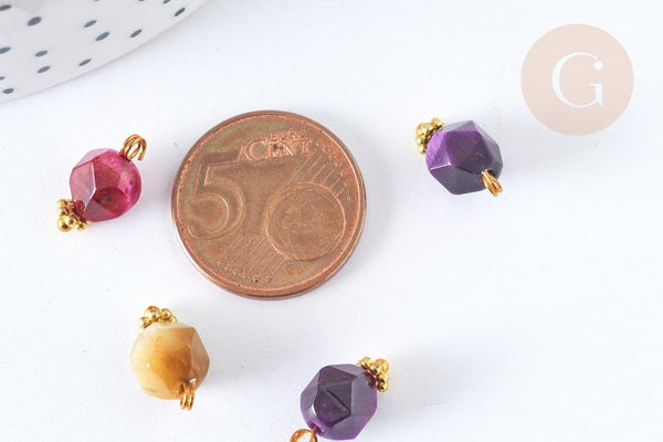 Pendentif Œil de tigre naturel teinté zamac doré coloré 13mm, x1 (G7933)