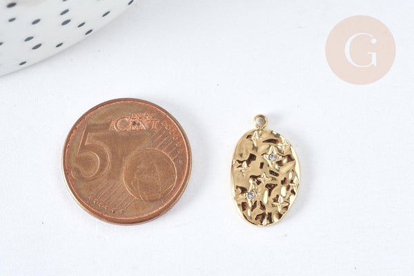 Pendentif Ovale étoilé cristal blanc acier inoxydable 304 doré à graver 19mm, x1 (G7497)