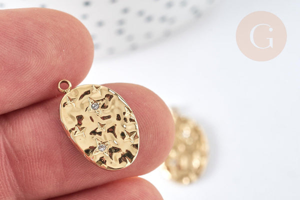 Pendentif Ovale étoilé cristal blanc acier inoxydable 304 doré à graver 19mm, x1 (G7497)