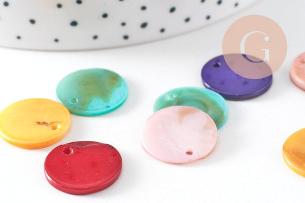 Pendentif Pastille ronde nacre multicolore opaque,pendentif nacre, coquillage naturel, nacre naturelle,16mm, x 10 (G2379)