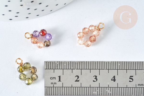 Pendentif Perles rondes facettées fleur cuivre doré zircons colorés 11,5mm,bijoux cristal, x1 (G7494)