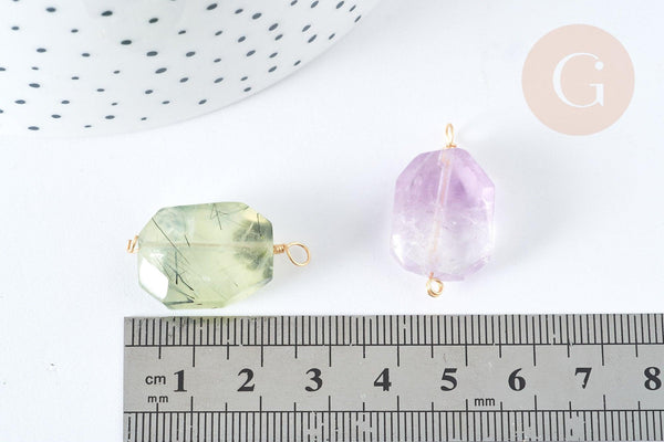 Pendentif Pierre géométrique translucide colorée fil de cuivre 25~28mm, pendentid citrine, améthyste, quartz rose, préhnite, x1 G7593