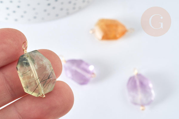 Pendentif Pierre géométrique translucide colorée fil de cuivre 25~28mm, pendentid citrine, améthyste, quartz rose, préhnite, x1 G7593