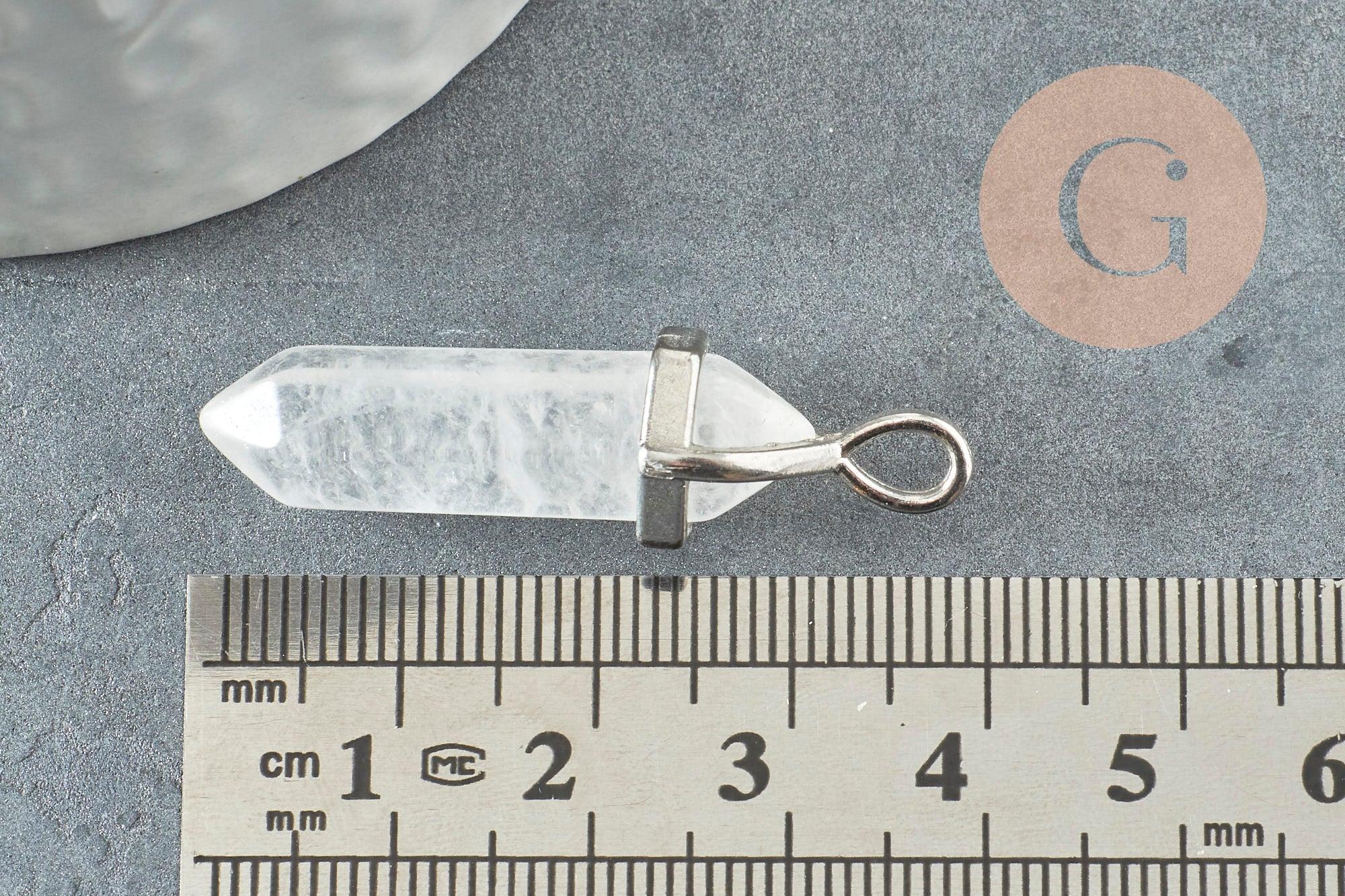 Pendentif Pointe support argenté pointe cristal transparent 40mm, pierre de synthèse, pendentif pierre, x1 G2539