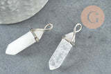 Pendentif Pointe support argenté pointe cristal transparent 40mm, pierre de synthèse, pendentif pierre, x1 G2539