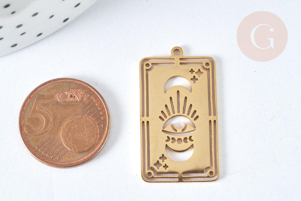 Pendentif Rectangle Oracle Lune et œil acier inoxydable 201 doré 32mm, bijoux mystique, x1 G7498