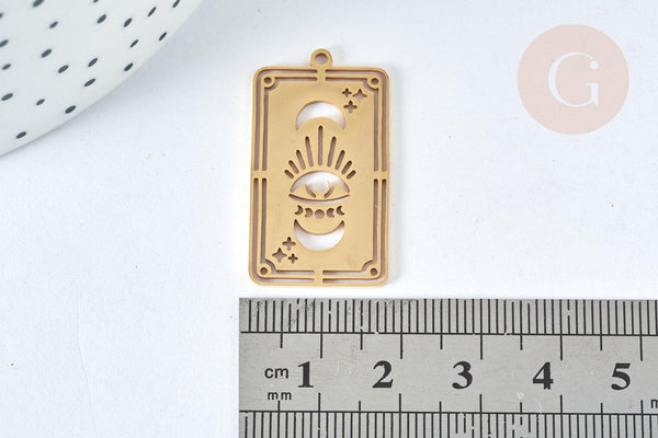 Pendentif Rectangle Oracle Lune et œil acier inoxydable 201 doré 32mm, bijoux mystique, x1 G7498