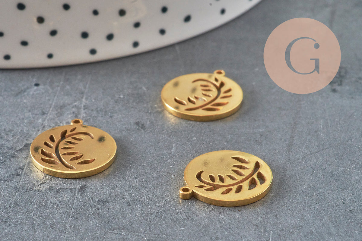 Pendentif Rond plat feuille acier 201 inoxydable doré PVD 18mm, x1 (G7973)-Breloques et pendentifs-Gingerlily Perles