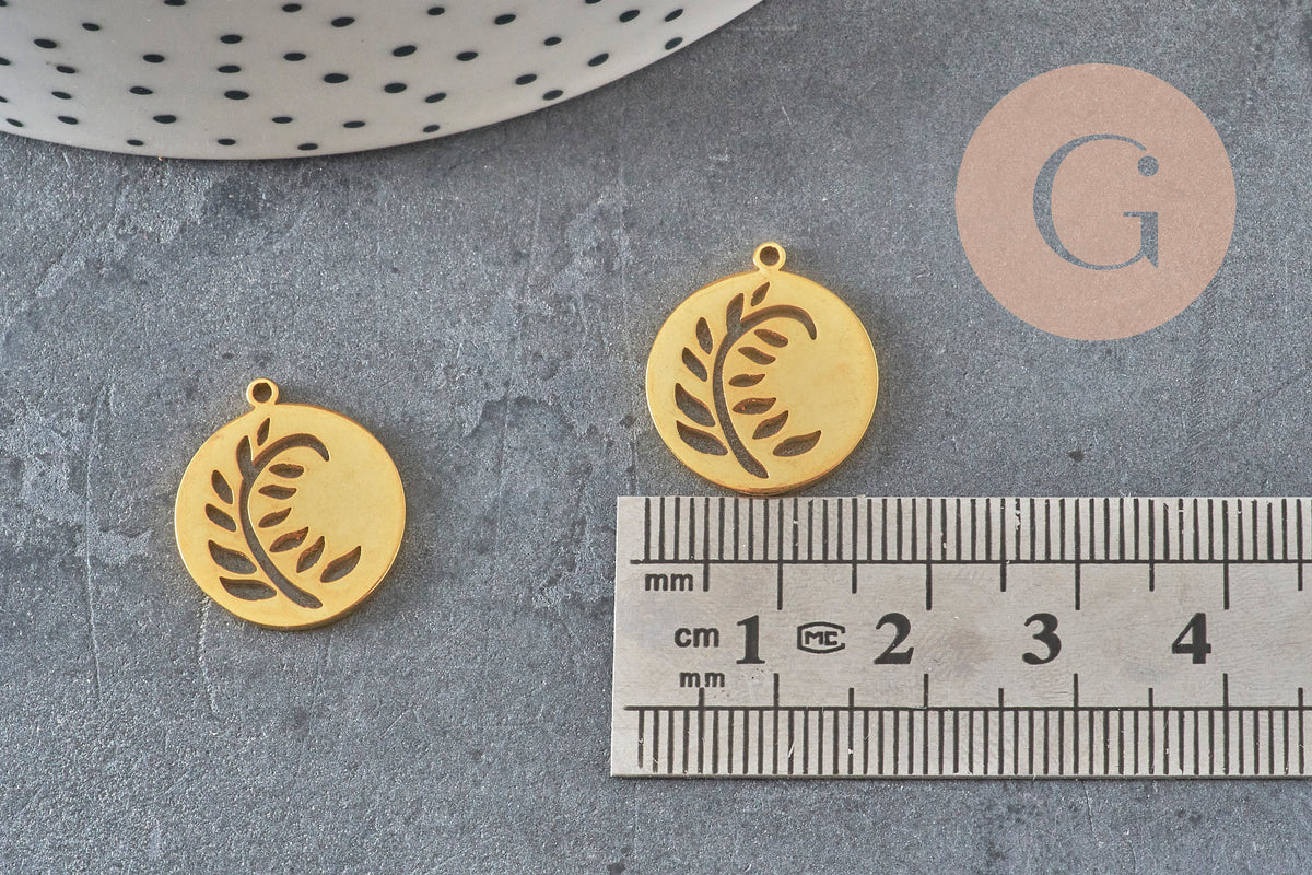 Pendentif Rond plat feuille acier 201 inoxydable doré PVD 18mm, x1 (G7973)-Breloques et pendentifs-Gingerlily Perles