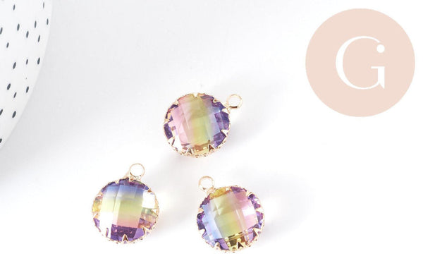 Pendentif Rond verre facetté imitation tourmaline laiton doré 21mm, création bijou DIY, x1 G9007