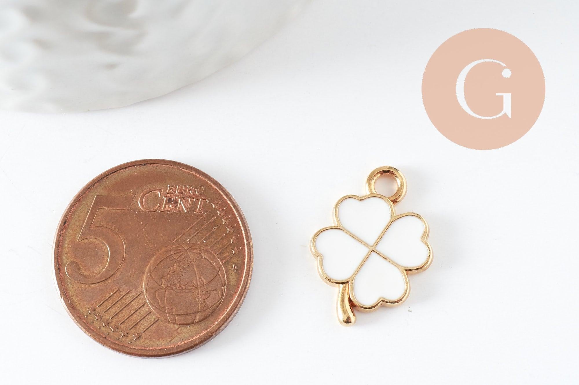 Pendentif Trèfle à 4 feuille zamac doré émail blanc 18mm, x2 (G5497)