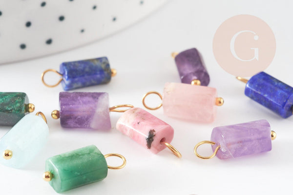 Pendentif Tube Colonne Pierre mixte naturelle acier doré 17~17,5mm, x1 (G8336)