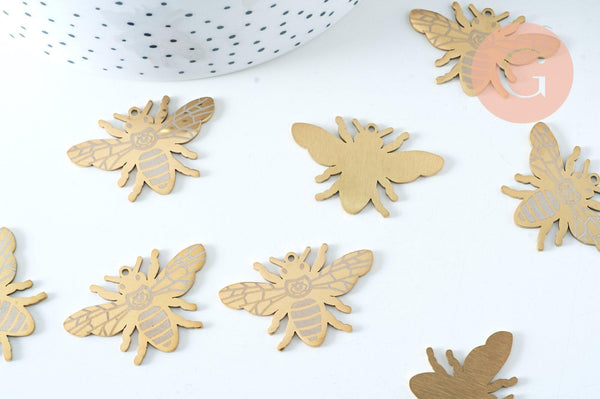 Pendentif abeille 36mm acier inoxydable doré, breloque doré, acier inoxydable doré, pendentif sans nickel, x1 (G6021)