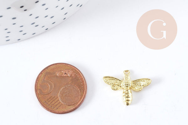 Pendentif abeille laiton doré 19mm, breloque laiton brut, bijou laiton,création bijoux,pendentif laiton brut,19mm, x2 (G1466)