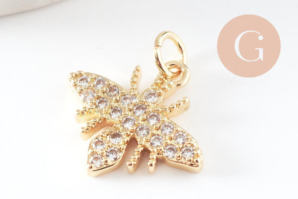 Pendentif abeille laiton doré zircons, fournitures pour bijoux, bijou laiton,pendentif laiton brut,17mm, x1 (G3332)
