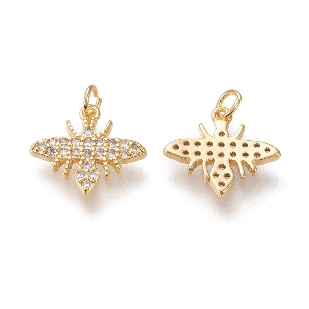 Pendentif abeille laiton doré zircons, fournitures pour bijoux, bijou laiton,pendentif laiton brut,17mm, x1 (G3332)