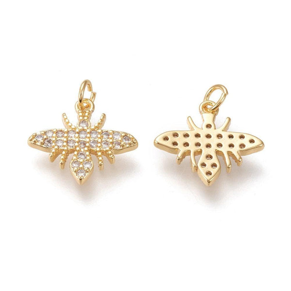 Pendentif abeille laiton doré zircons, fournitures pour bijoux, bijou laiton,pendentif laiton brut,17mm, x1 (G3332)