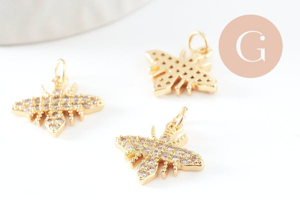 Pendentif abeille laiton doré zircons, fournitures pour bijoux, bijou laiton,pendentif laiton brut,17mm, x1 (G3332)