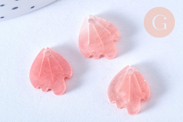Pendentif acétate feuille rose paillettes, perles plastique,connecteur feuille plastique 15mm x10 (G4015)