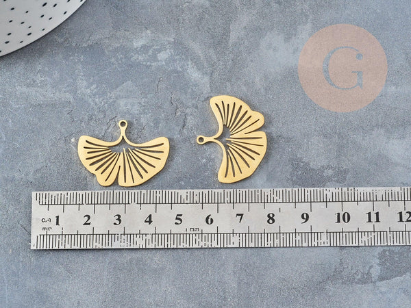 Pendentif acier 201 inoxydable doré feuille gingko 23mm,breloque acier inoxydable sans nickel, x1 (G6129)