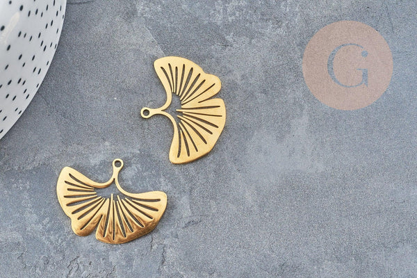Pendentif acier 201 inoxydable doré feuille gingko 23mm,breloque acier inoxydable sans nickel, x1 (G6129)