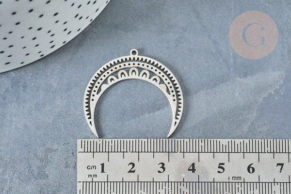 Pendentif acier argenté lune et étoiles 31mm, x1 (G8189)