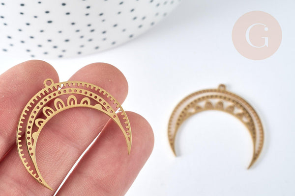 Pendentif acier doré 201 lune et étoiles 31mm, breloque doré, acier inoxydable doré, pendentif sans nickel, x1 G7544