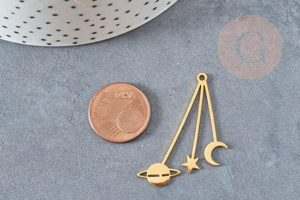 Pendentif acier doré astres 42mm, breloque doré, acier inoxydable doré, pendentif sans nickel, x1 G5729