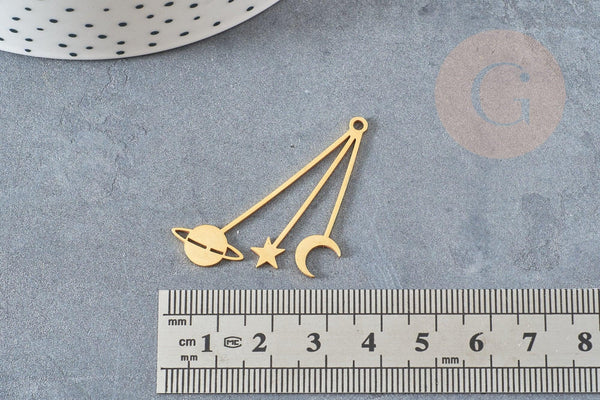 Pendentif acier doré astres 42mm, breloque doré, acier inoxydable doré, pendentif sans nickel, x1 G5729